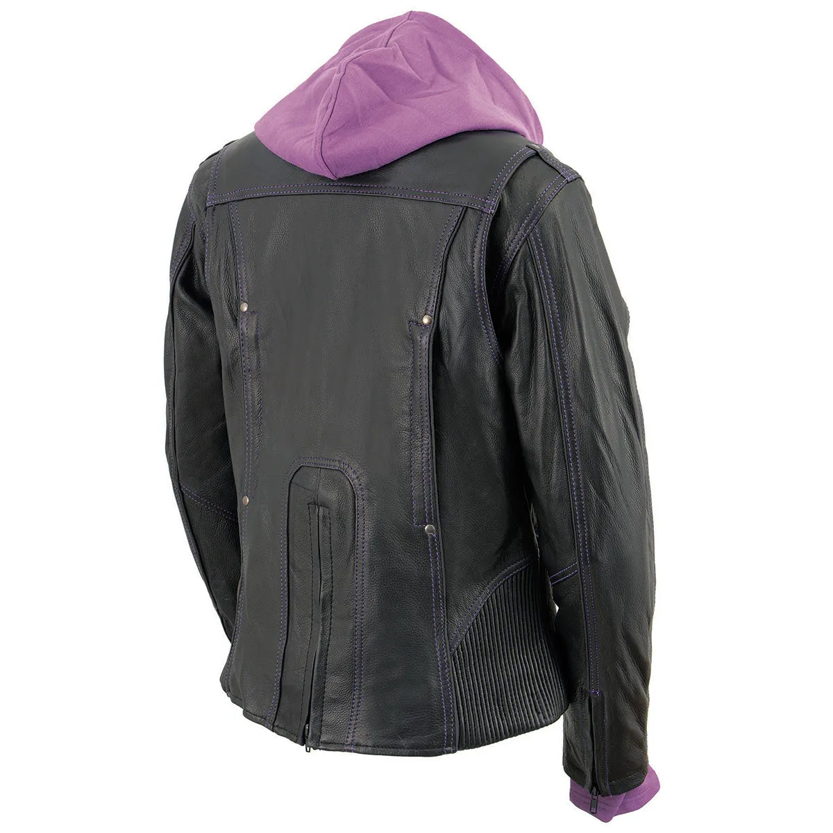 Purple ML2067 Women's 3/4 Black and Purple Leather Hoodie Jacket with Reflective Tribal Design