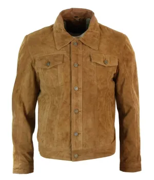 Real Suede Leather Mens Vintage Short Denim Style Retro Jean Jacket Casual – Brown Color - Leather Jackets