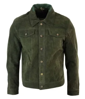 Real Suede Leather Mens Vintage Short Denim Style Retro Jean Jacket Casual – Olive Color - Leather Jackets