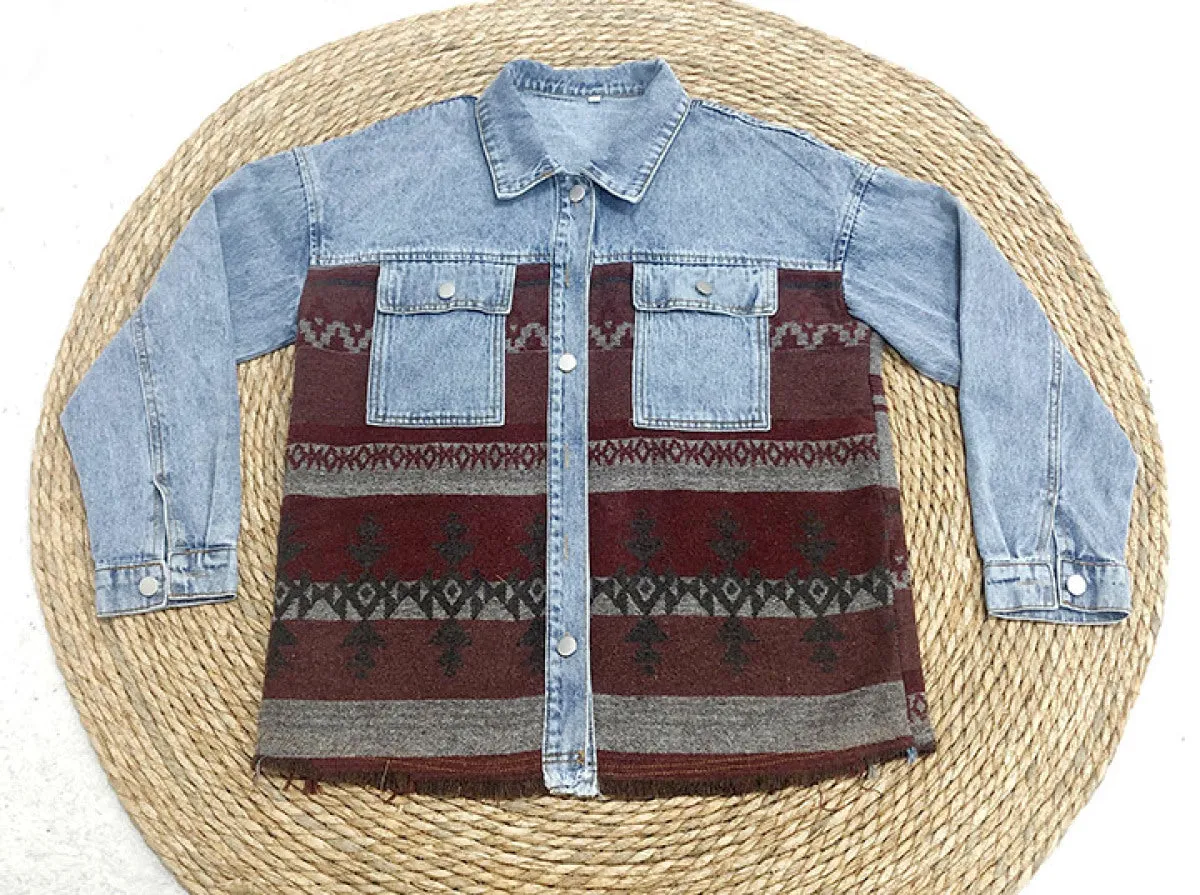 Retro Long Sleeve Colorblock With Pocket Denim Jackets