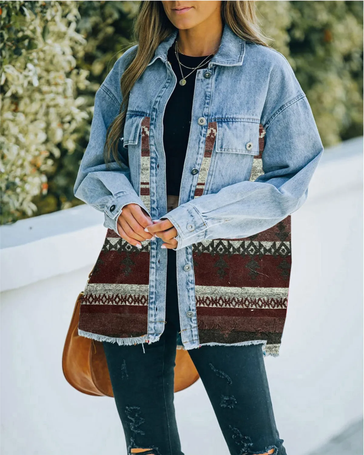 Retro Long Sleeve Colorblock With Pocket Denim Jackets
