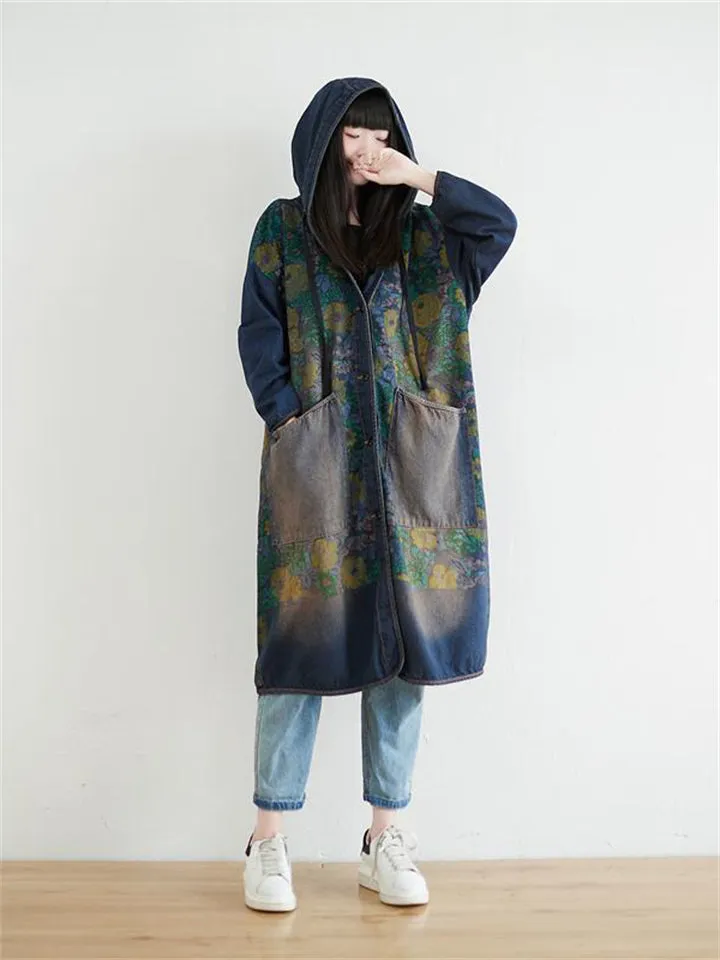 Retro Printed Hooded Denim Jacket Coat