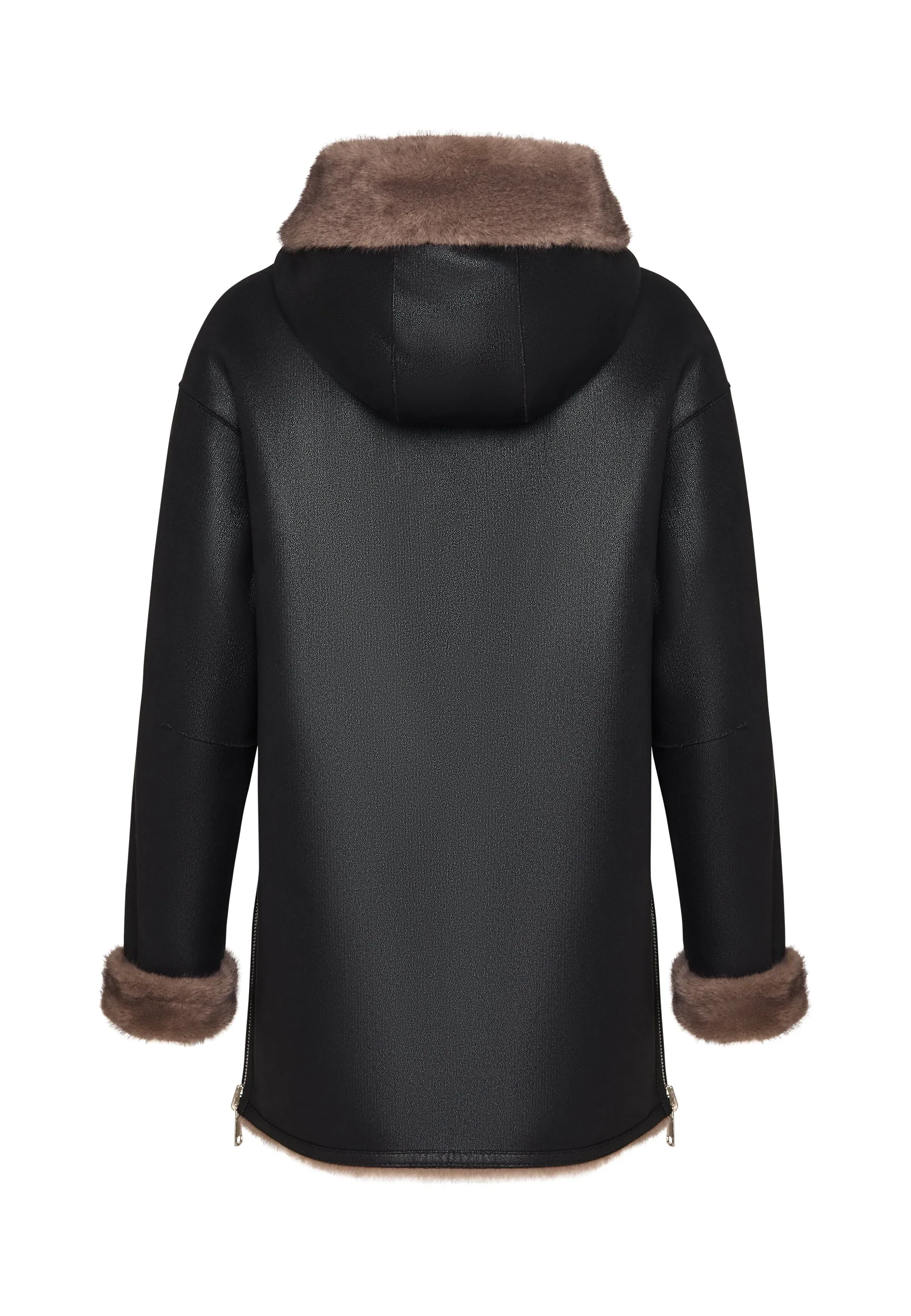 Reversible Faux Leather Jacket with Faux Fur Trim