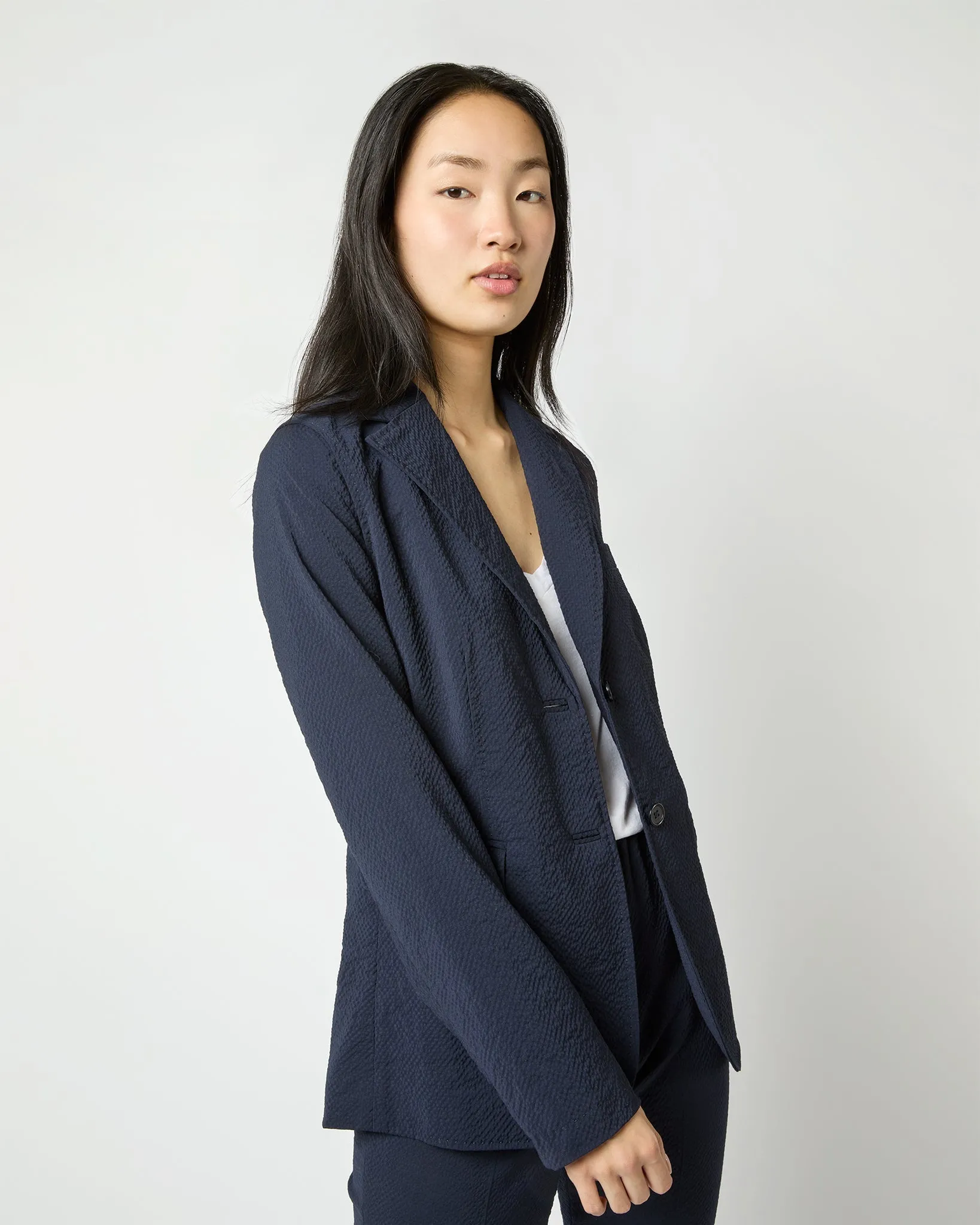 Sarah Jacket - Navy Stretch Wool Seersucker