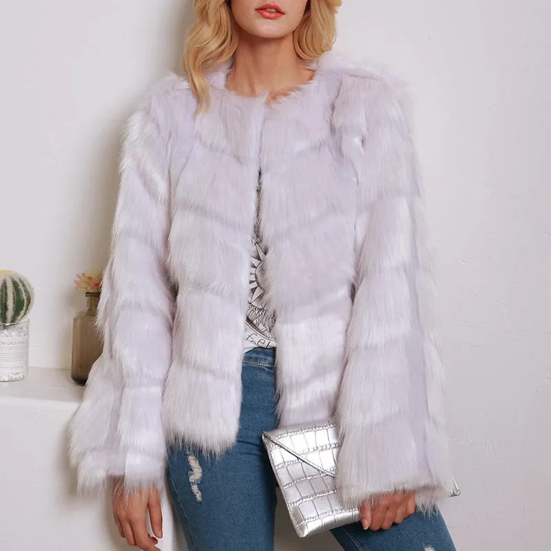 Short Round Neck Faux Fur Ladies Long Sleeve Coat