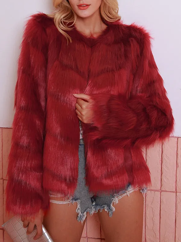 Short Round Neck Faux Fur Ladies Long Sleeve Coat