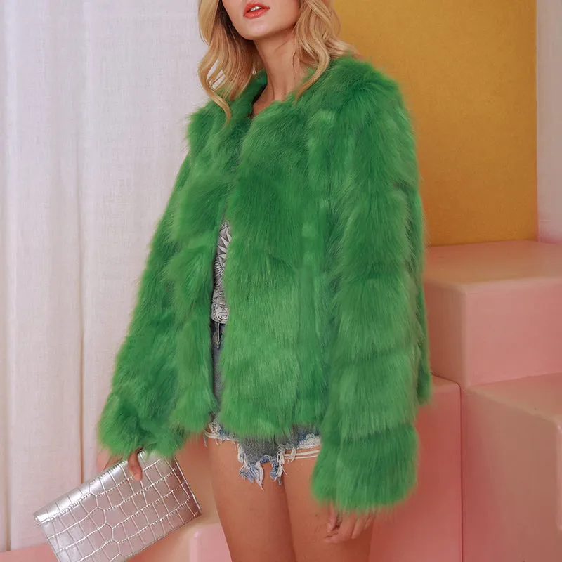 Short Round Neck Faux Fur Ladies Long Sleeve Coat