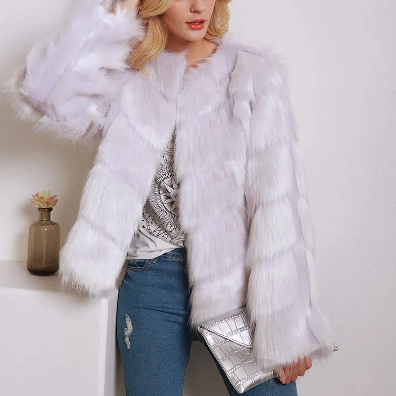 Short Round Neck Faux Fur Ladies Long Sleeve Coat