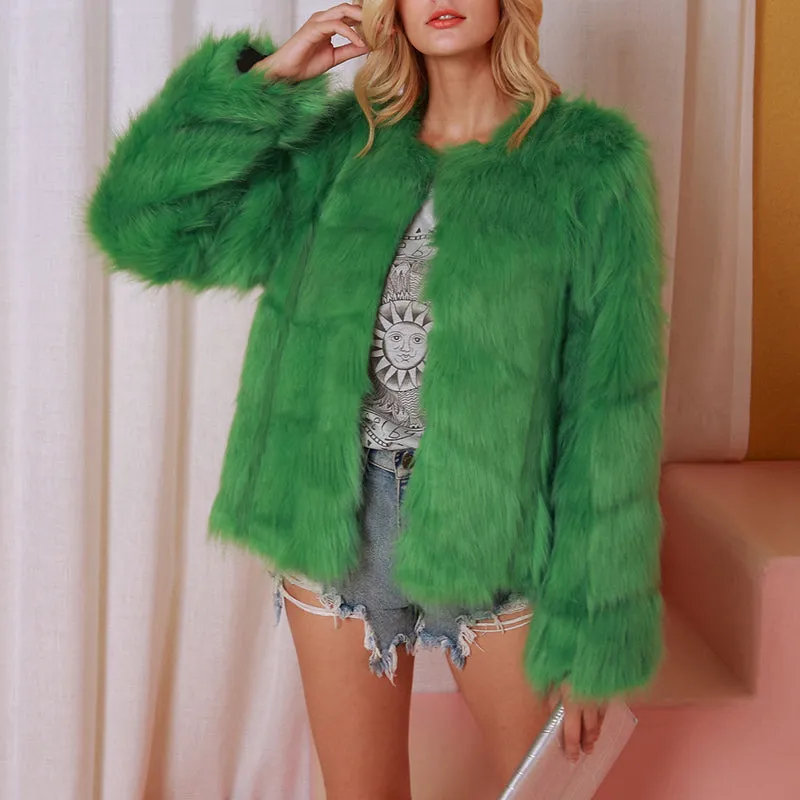Short Round Neck Faux Fur Ladies Long Sleeve Coat