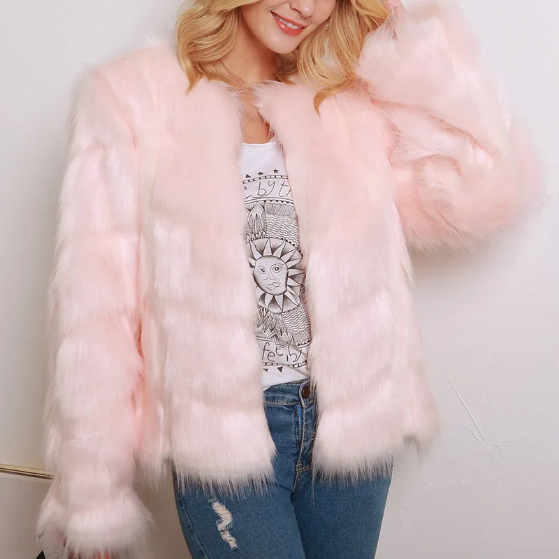 Short Round Neck Faux Fur Ladies Long Sleeve Coat