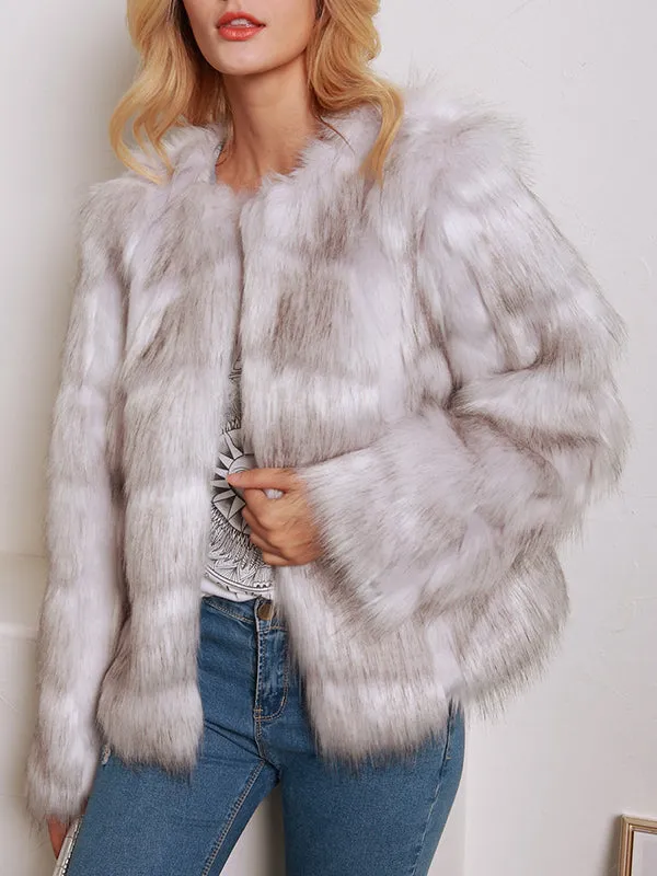 Short Round Neck Faux Fur Ladies Long Sleeve Coat