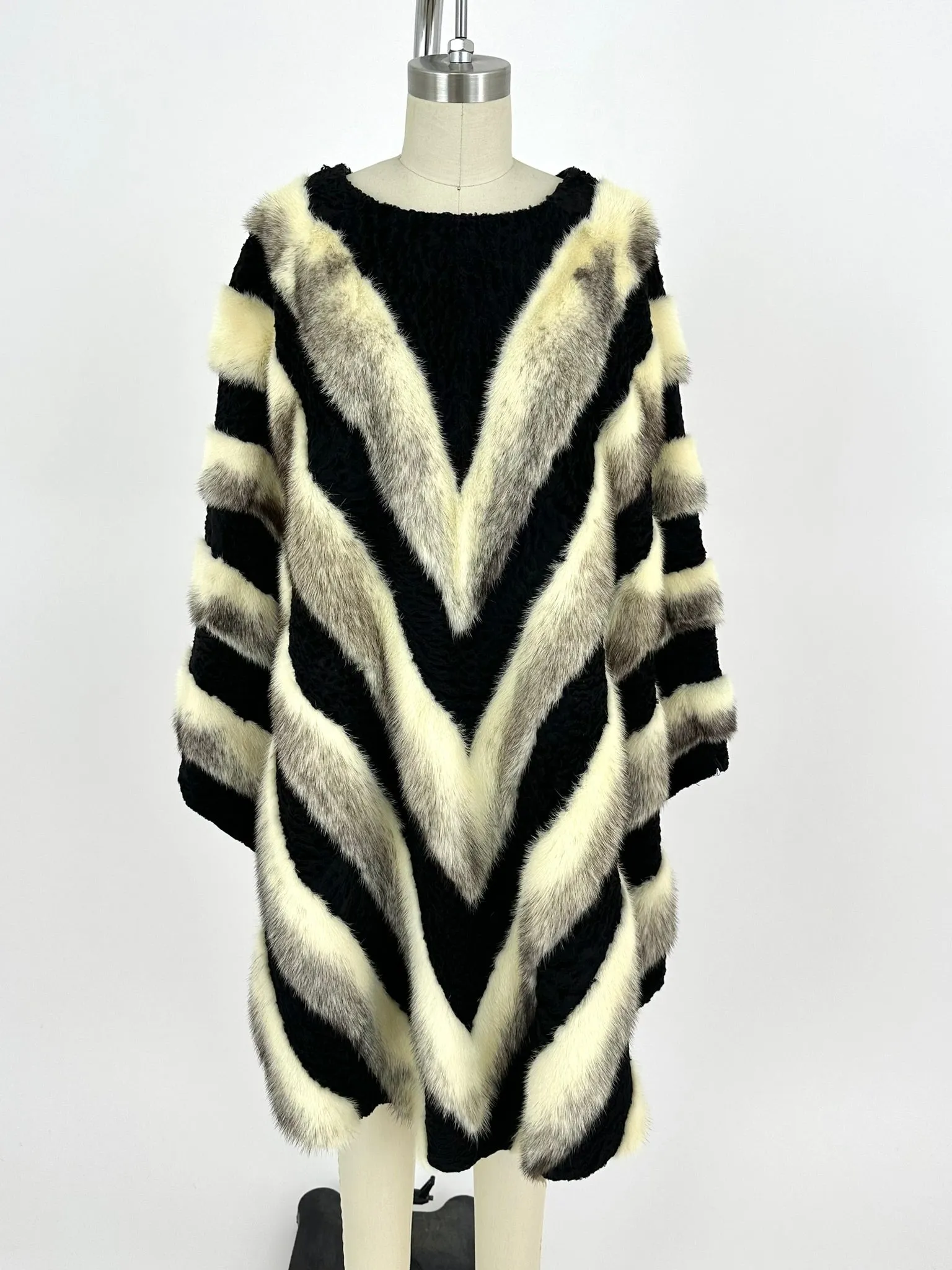 Silver Mink Curly Lamb Striped Poncho*