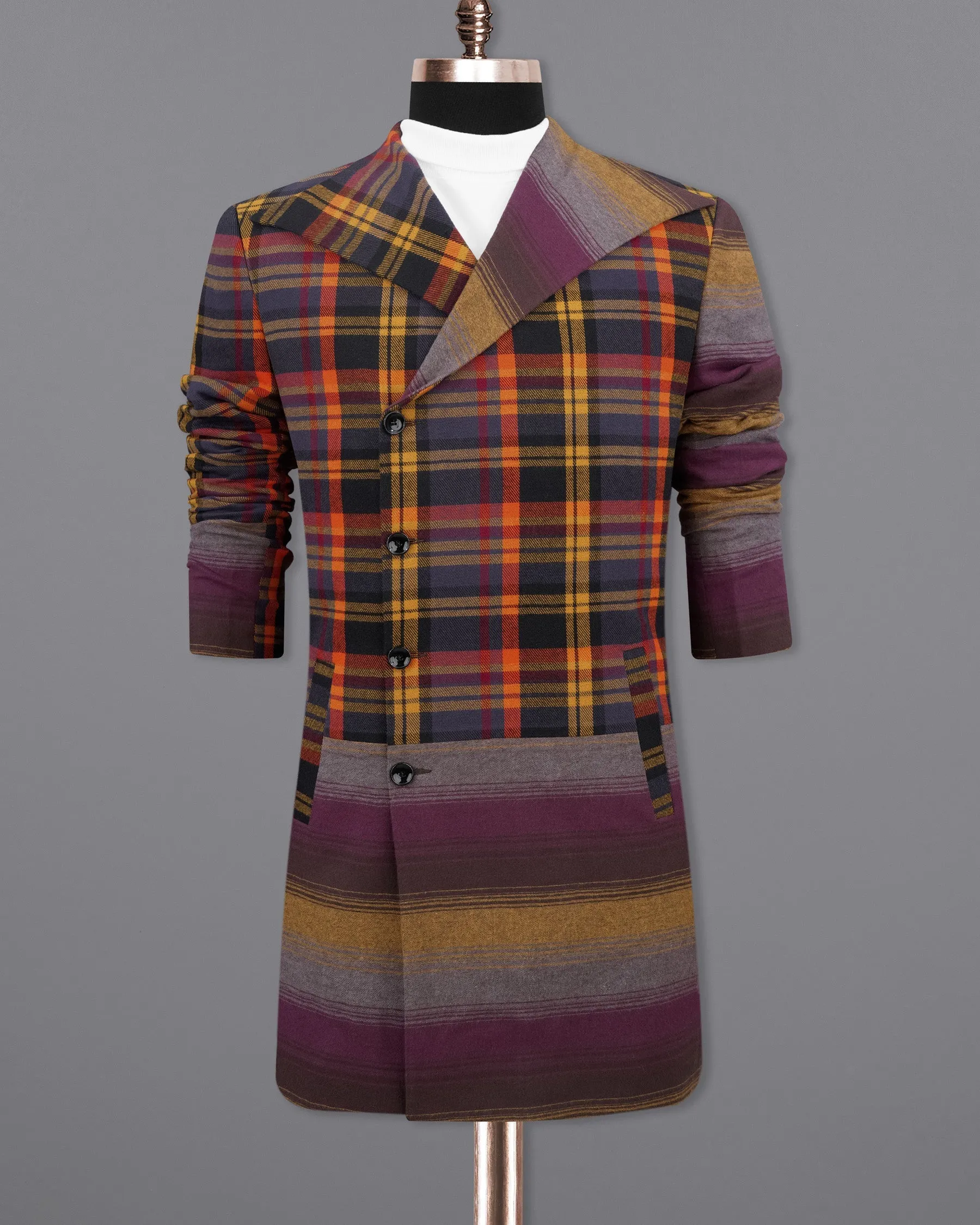 Sinopia Orange with Guitar Orange Multi Colored Plaid Premium Cotton Double Breasted Designer Trench Coat