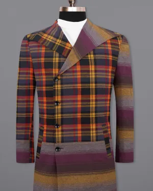 Sinopia Orange with Guitar Orange Multi Colored Plaid Premium Cotton Double Breasted Designer Trench Coat