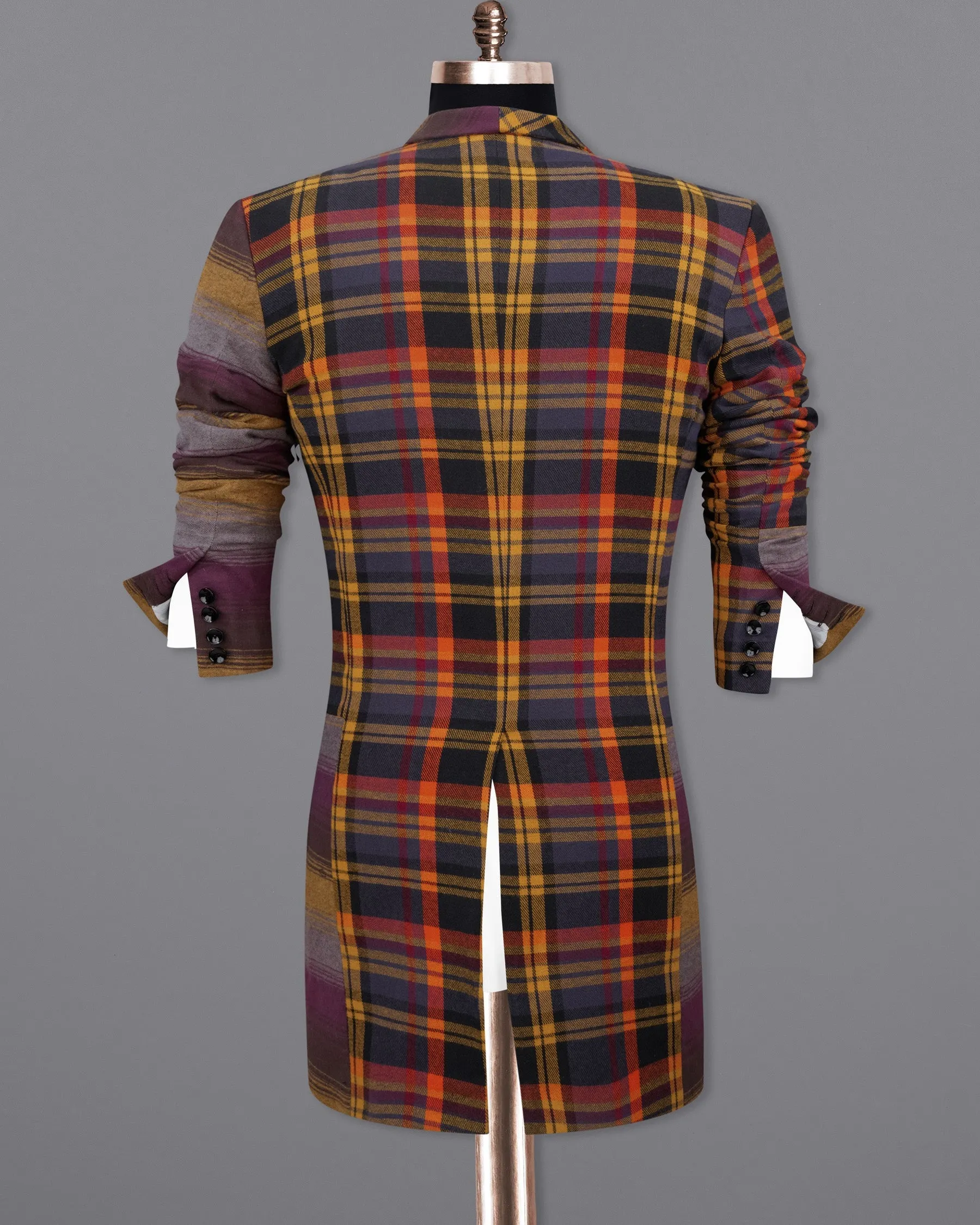 Sinopia Orange with Guitar Orange Multi Colored Plaid Premium Cotton Double Breasted Designer Trench Coat