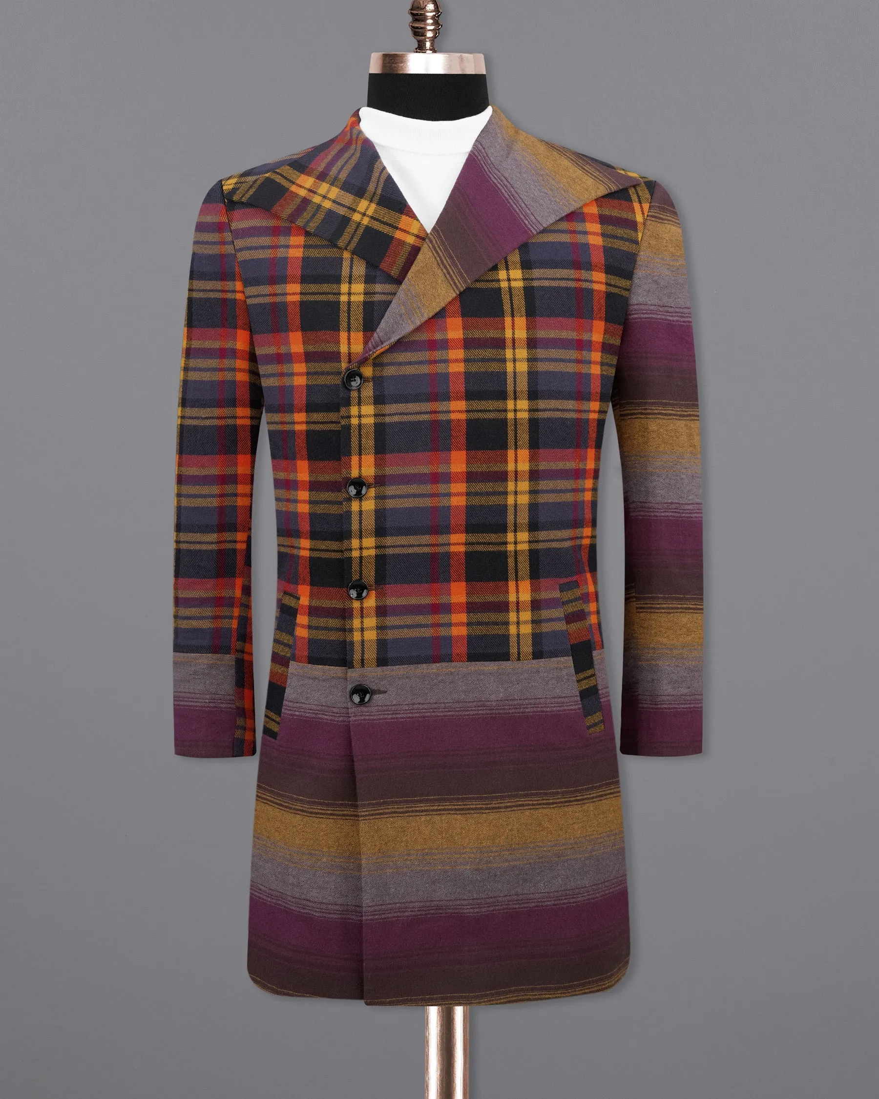 Sinopia Orange with Guitar Orange Multi Colored Plaid Premium Cotton Double Breasted Designer Trench Coat