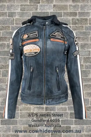 'Sixty-Six' Ladies Biker Leather Jacket - Vintage Black
