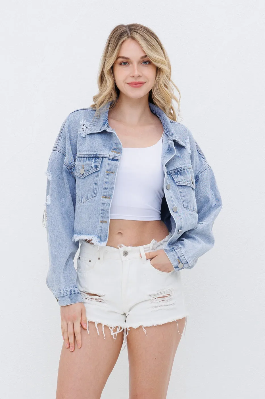 Stay On Stage Star Embellish Denim Jacket - Blue