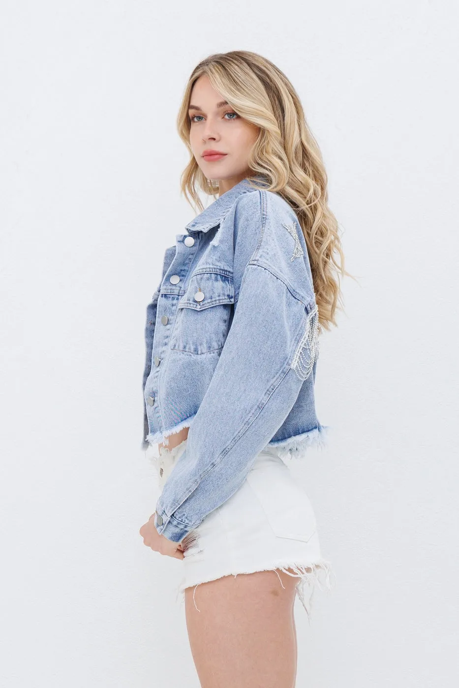 Stay On Stage Star Embellish Denim Jacket - Blue