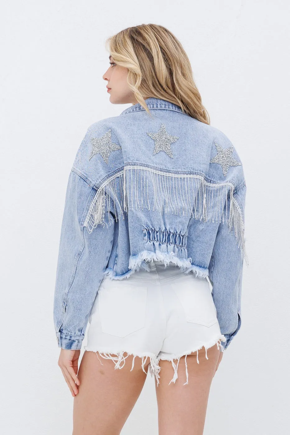 Stay On Stage Star Embellish Denim Jacket - Blue