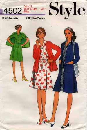 Style 4502 Womens Shirtdress & Cardigan Jacket 1970s Vintage Sewing Pattern Size 12 Bust 34 inches