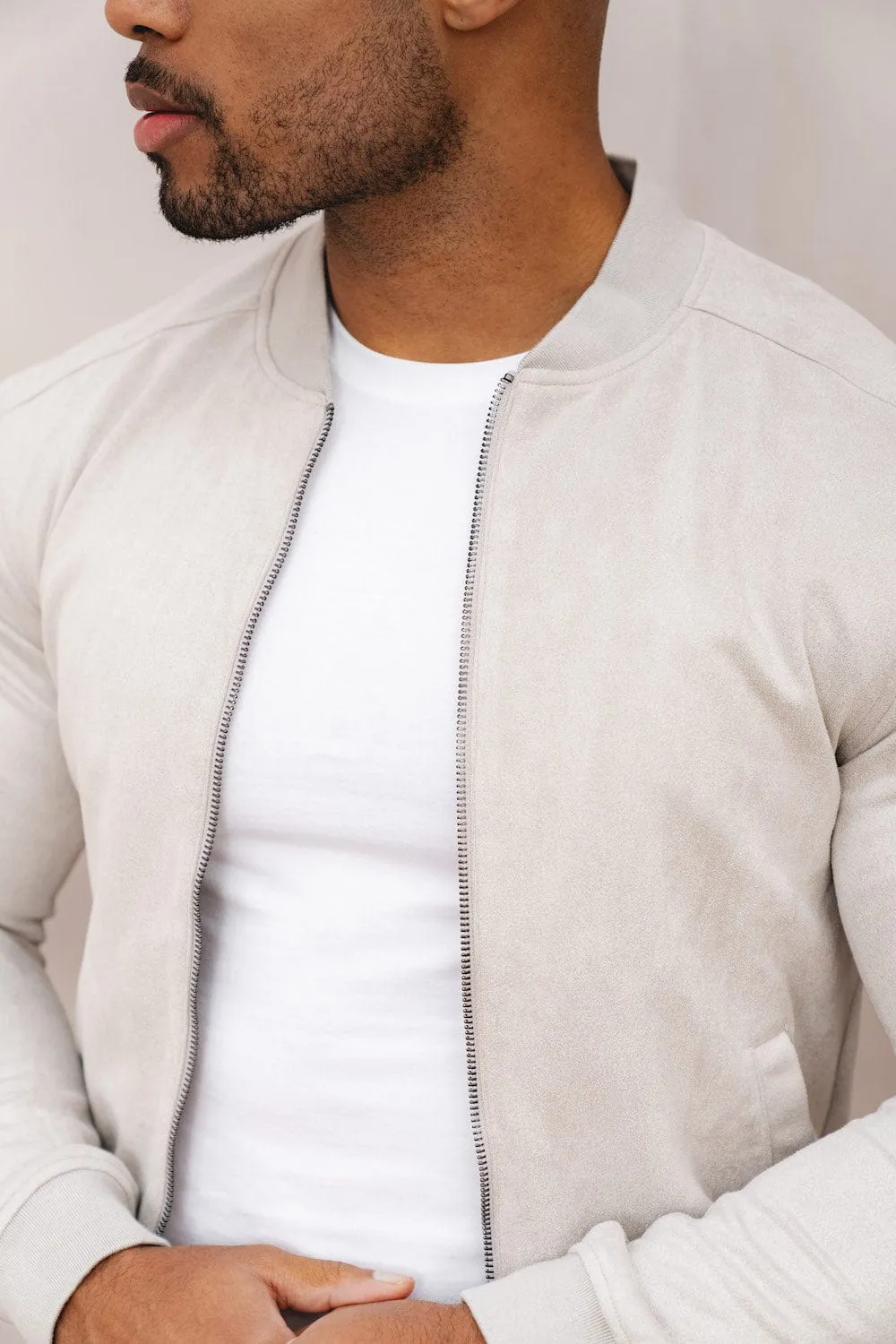 Suede Look Bomber Jacket in Stone