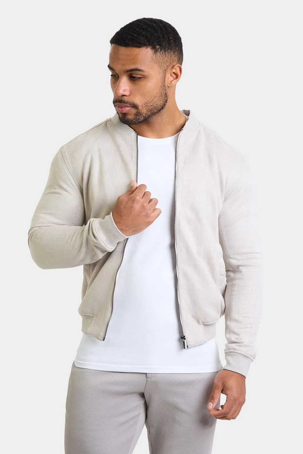 Suede Look Bomber Jacket in Stone