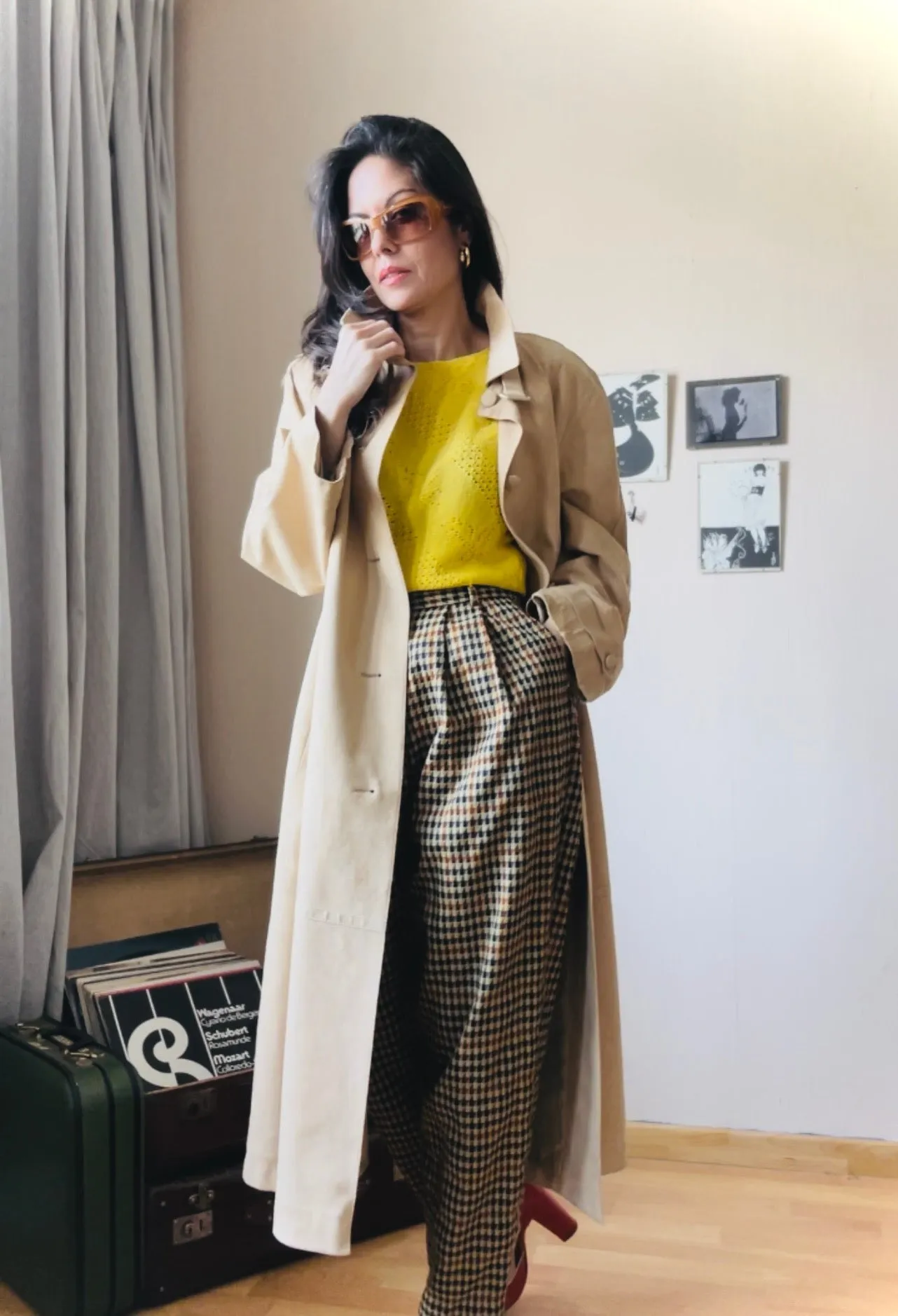 Suede look maxi vintage trenchcoat
