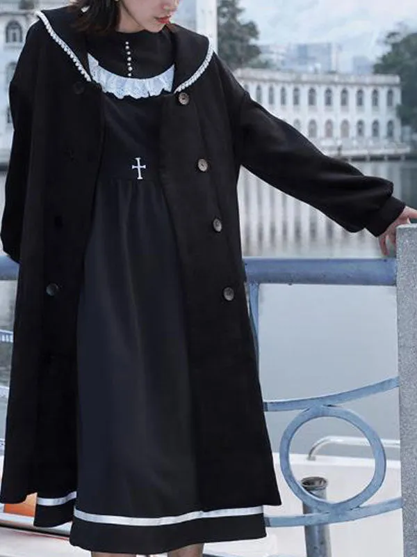Sweet Lolita Coats Black Piping Overcoat Synthetic Lolita Outwears