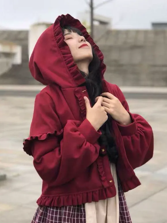 Sweet Lolita Coats Burgundy Ruffles Polyester Overcoat Coat Winter Lolita Outwears