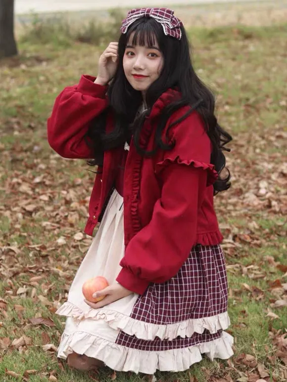 Sweet Lolita Coats Burgundy Ruffles Polyester Overcoat Coat Winter Lolita Outwears
