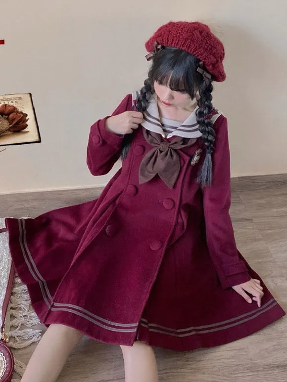 Sweet Lolita Coats Dark Navy Bows Ruffles Polyester Overcoat Coat Winter Lolita Outwears