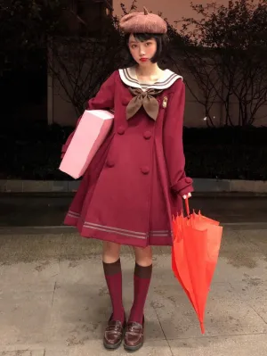 Sweet Lolita Coats Dark Navy Bows Ruffles Polyester Overcoat Coat Winter Lolita Outwears