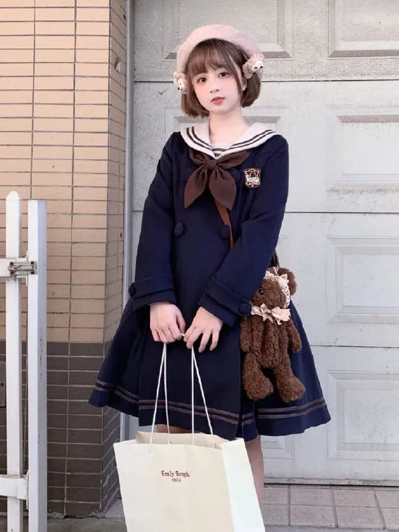 Sweet Lolita Coats Dark Navy Bows Ruffles Polyester Overcoat Coat Winter Lolita Outwears