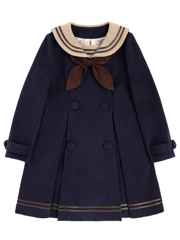 Sweet Lolita Coats Dark Navy Bows Ruffles Polyester Overcoat Coat Winter Lolita Outwears