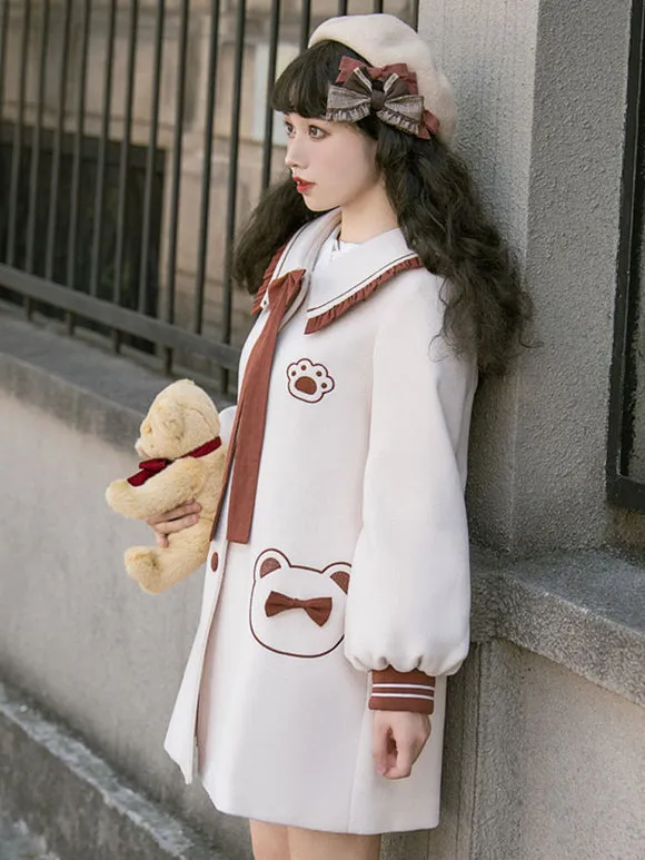 Sweet Lolita Coats Ecru White Bows Polyester Overcoat Coat Winter Lolita Outwears