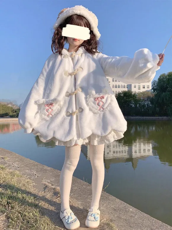 Sweet Lolita Coats White Bows Overcoat Short Plush Fall Lolita Outwears