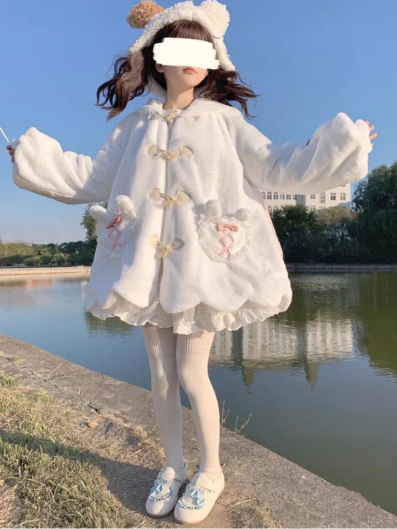 Sweet Lolita Coats White Bows Overcoat Short Plush Fall Lolita Outwears