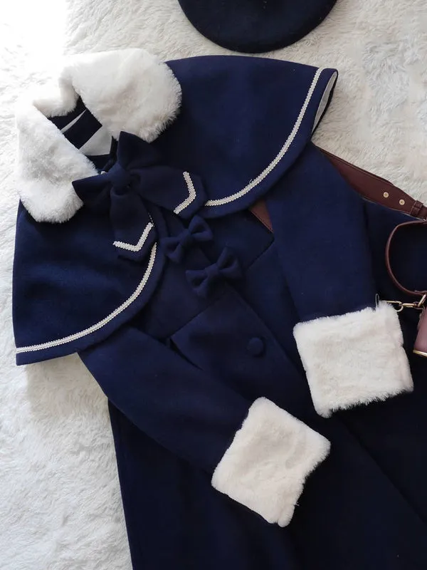 Sweet Lolita Overcoat Bow Pleated Wool Lolita Winter Coat With Cape