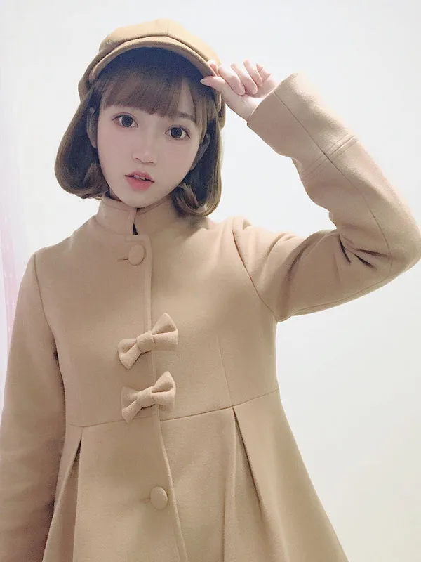 Sweet Lolita Overcoat Bow Pleated Wool Lolita Winter Coat With Cape