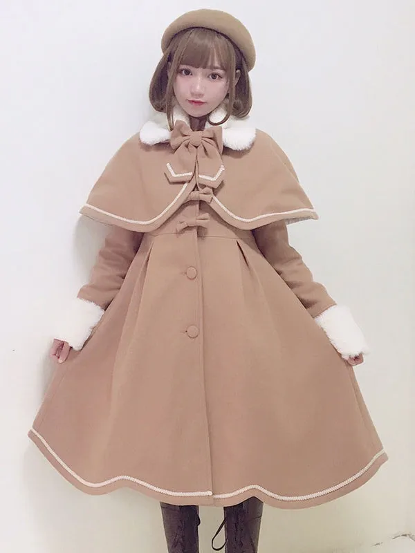 Sweet Lolita Overcoat Bow Pleated Wool Lolita Winter Coat With Cape