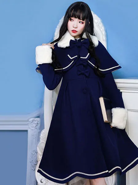 Sweet Lolita Overcoat Bow Pleated Wool Lolita Winter Coat With Cape