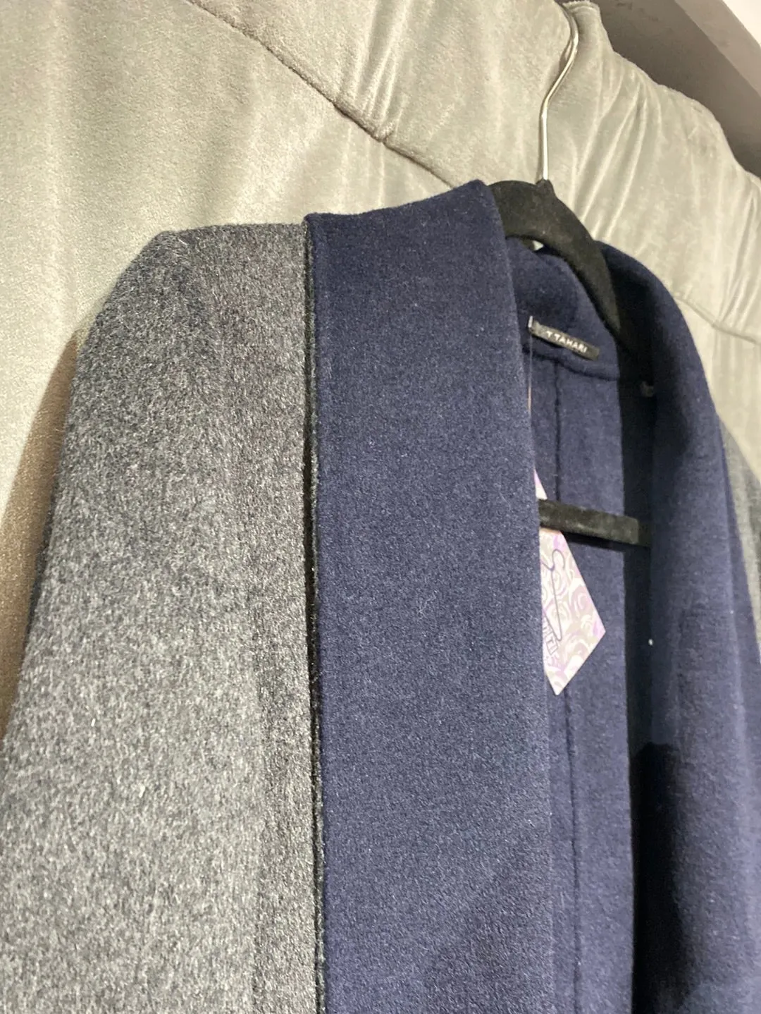 T Tahari Navy and Grey Wool Long Jacket