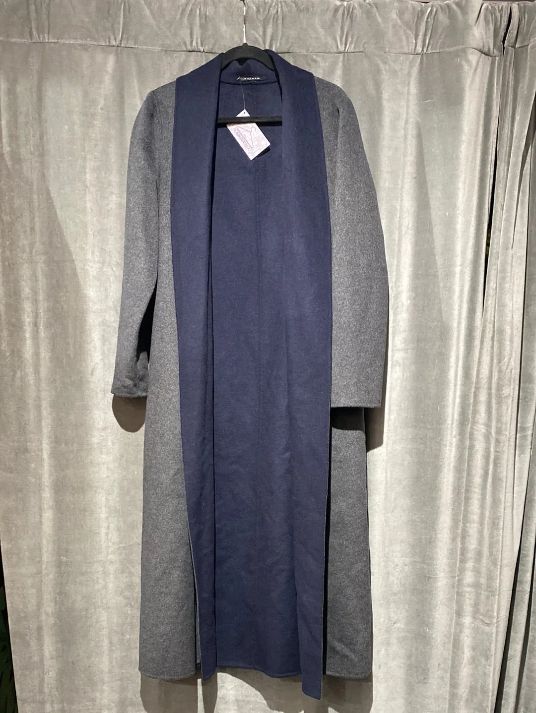 T Tahari Navy and Grey Wool Long Jacket