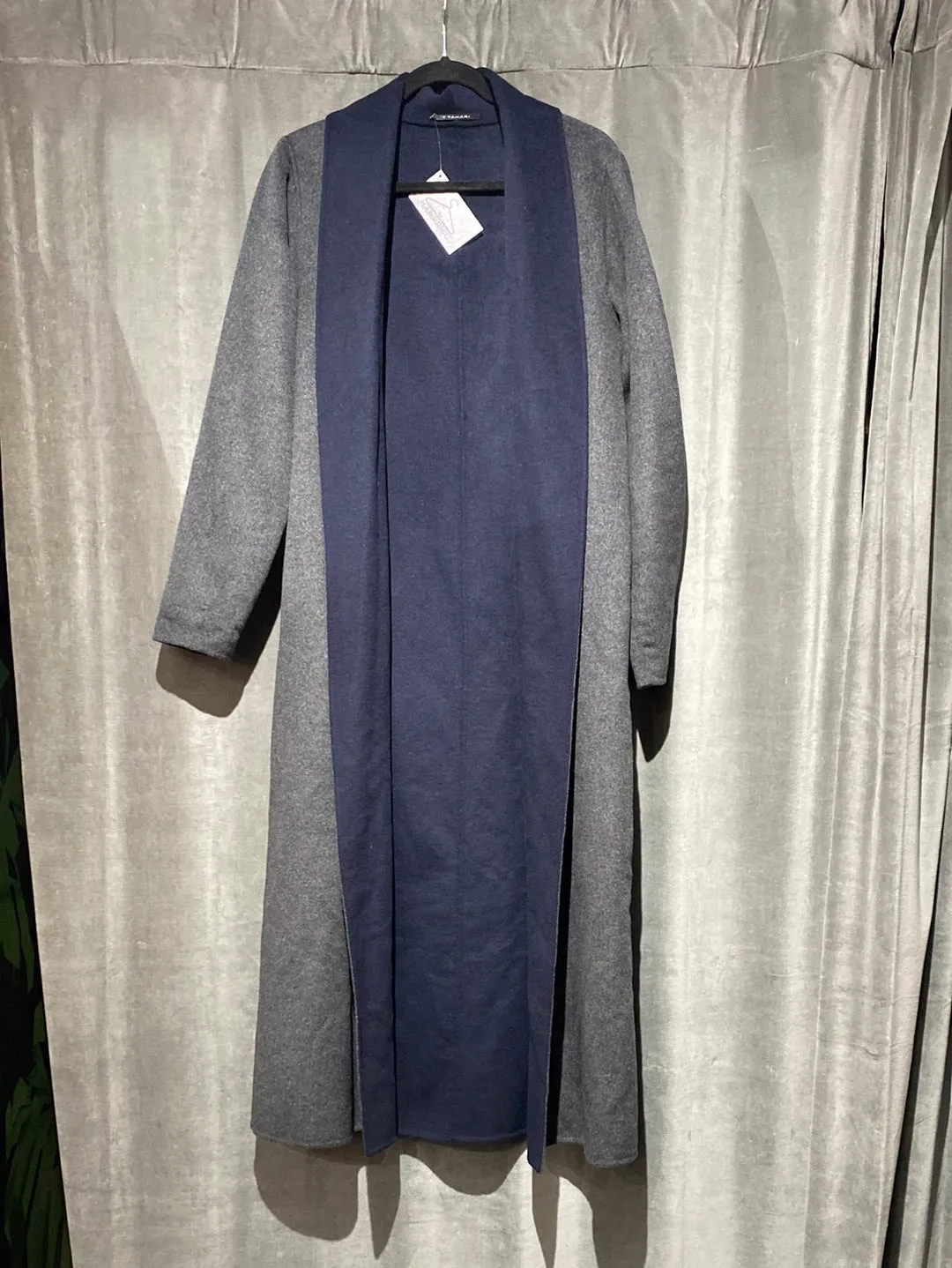 T Tahari Navy and Grey Wool Long Jacket