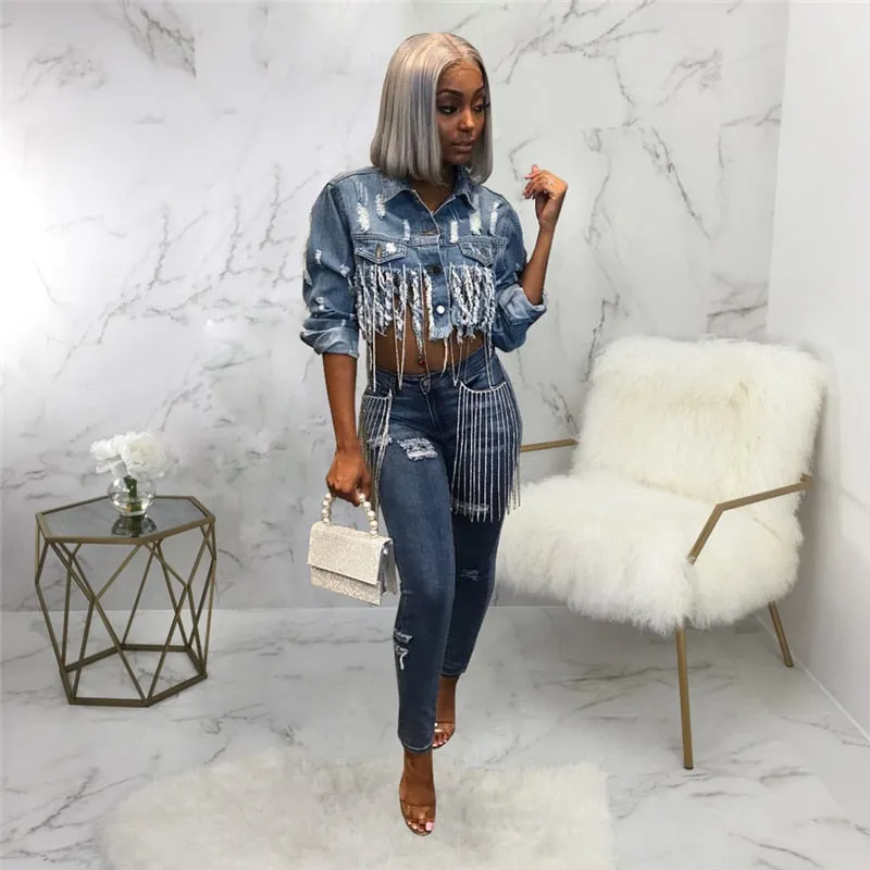 Tassel Ripped Cropped Jean Jacket -Chain Long Sleeve Denim Jacket Street wear Short Denim Coat