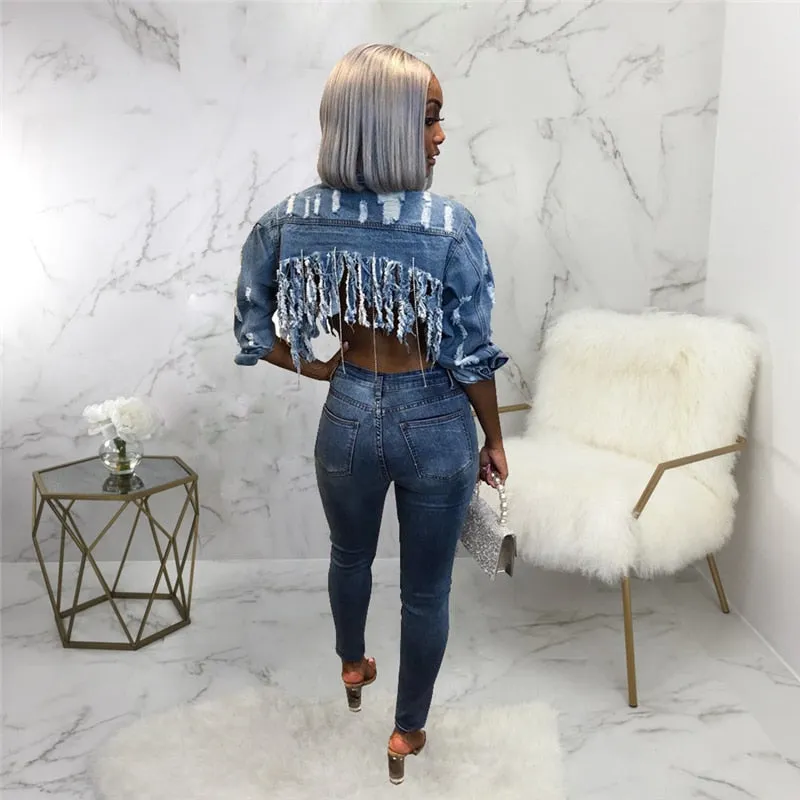 Tassel Ripped Cropped Jean Jacket -Chain Long Sleeve Denim Jacket Street wear Short Denim Coat