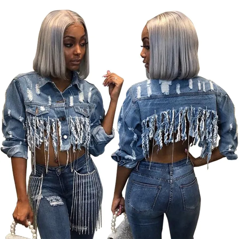 Tassel Ripped Cropped Jean Jacket -Chain Long Sleeve Denim Jacket Street wear Short Denim Coat