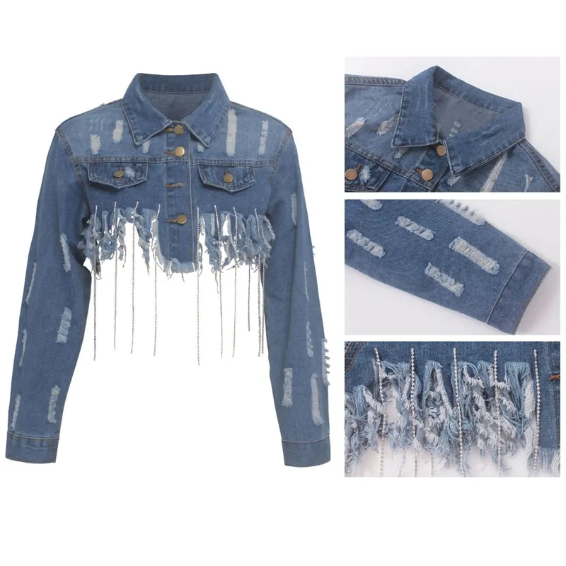 Tassel Ripped Cropped Jean Jacket -Chain Long Sleeve Denim Jacket Street wear Short Denim Coat
