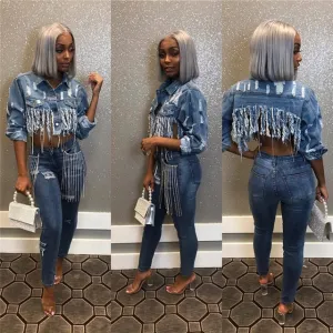 Tassel Ripped Cropped Jean Jacket -Chain Long Sleeve Denim Jacket Street wear Short Denim Coat